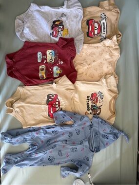 Cars One-Piece Bodysuit Set with Car Prints - Red, Beige, Blue Bundle (0-3m)
